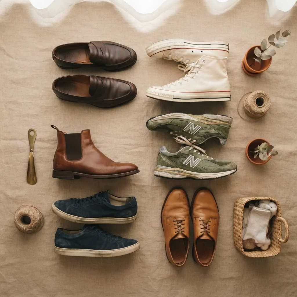 A curated flat-lay of second-hand sneakers and leather shoes on a warm beige background